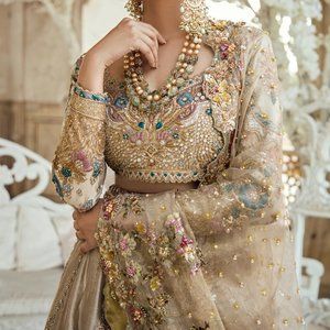 Tena Durrani Cream and Gold Sequin Wedding Dress with Bishop Sleeves